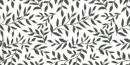 Silhouette of twig with leaves. Vector seamless pattern with hand drawn branches isolated on white background.