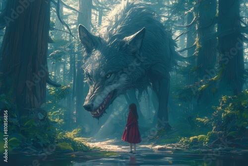 A little girl in a red dress facing a giant wolf, with a forest background. Girl faces off against an enormous grey Wolf, a huge grey werewolf with long legs standing tall next to her.