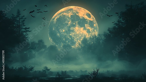 A chilling scene with a large, luminous full moon at the top, bats fluttering across its face in a ghostly dance.