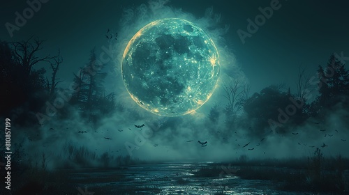 A chilling scene with a large, luminous full moon at the top, bats fluttering across its face in a ghostly dance.