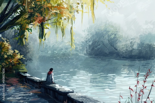 A peaceful scene of a woman sitting by the water. Suitable for lifestyle or relaxation concepts