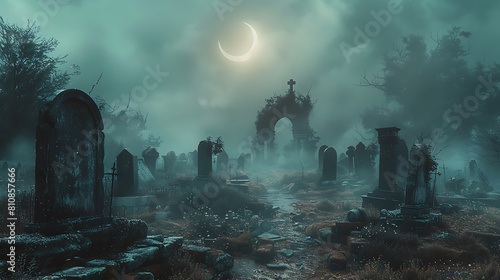 A fog-covered graveyard with ancient tombstones and weeping statues under the eerie light of a crescent moon.