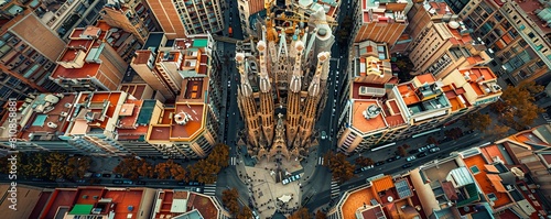 Aerial view of the Sagrada Familia, Barcelona, Spain.