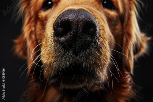 A close up of a dog's nose on a black background. Perfect for pet-related designs