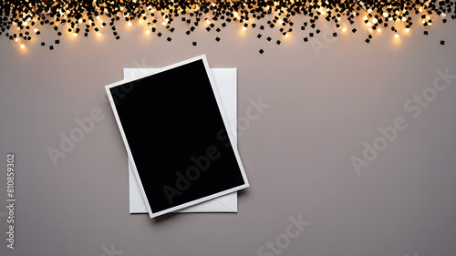 Realistic empty photo frame with bokeh light background. Blank picture frame template. AI generated image