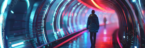 futuristic light tunnels in urban transit system featuring a wall and a person with a long black leg