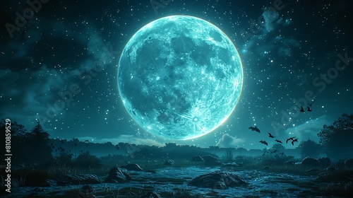 Dive into a mystical scene where a radiant full moon hangs in a starry sky, with dark bats fluttering around.