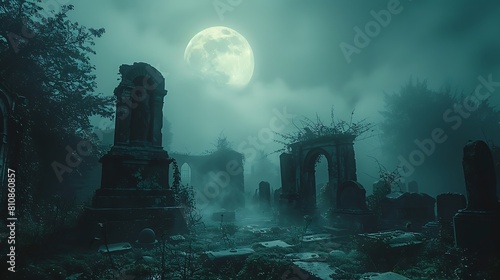 Enter a hauntingly beautiful Gothic graveyard bathed in moonlight, featuring fog-covered gravestones and ancient, moss-covered statues.