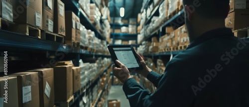 In the warehouse, an inventory manager uses a tablet computer to check shelf stock. Shelves are lined with cardboard boxes packed with goods ready for shipment.