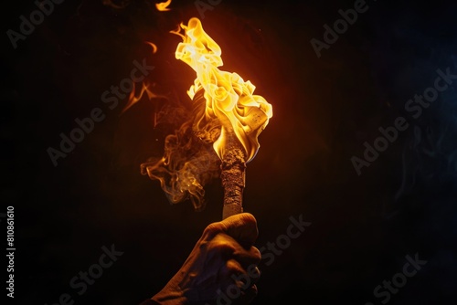 A hand holding a burning torch in the dark. Suitable for dramatic or mysterious themes