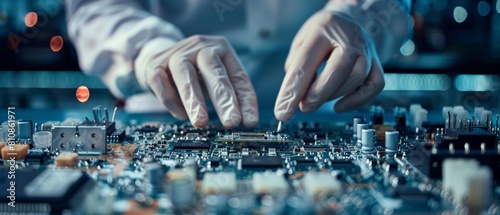 A worker in a high-tech factory assembles electronic printed circuit boards using surface mount technology using a pick and place machine.