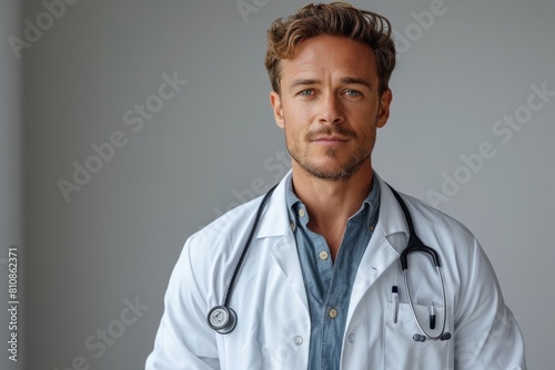 A doctor in dress shirt and stethoscope smiles by window