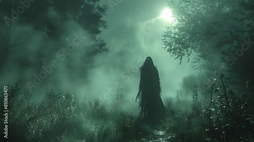 Immerse yourself in a haunting forest at midnight, where the Grim Reaper walks slowly, his scythe brushing against the underbrush.