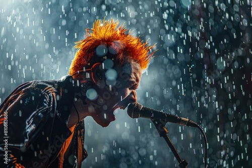 A man singing into a microphone in the rain. Suitable for music or weather concepts