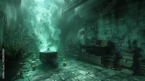 Inside a witch's dimly lit cabin filled with bubbling potions and ancient spell books.