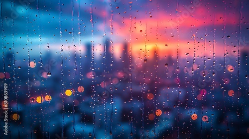 Look out a window streaked with raindrops, overlooking a blurred cityscape illuminated by colorful lights.