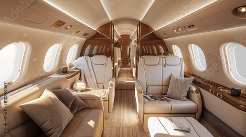Opulent interior of a private jet, showcasing plush leather seats, elegant wood paneling, and spacious cabin design for exclusive travel. Luxury Private Jet Interior with Comfortable Seating
