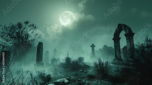 Moonlit cemetery featuring ancient gravestones and eerie statues shrouded in fog.