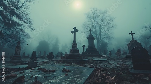 Moonlit cemetery featuring ancient gravestones and eerie statues shrouded in fog.