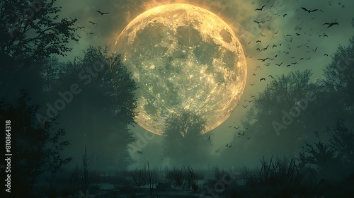Observe a hauntingly beautiful scene with a brilliant full moon center stage, bats weaving through the moonlit sky.