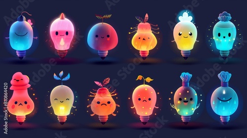 Set of funny light bulbs characters. Illustrated with sad and happy glows, smiling, sleeping, falling in love, diseased and searching plants. Cartoon modern illustration, icon.