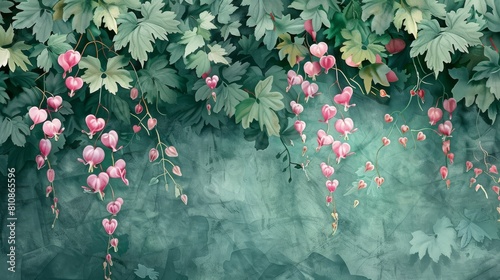 With a watercolor touch, Bleeding Heart Vine wallpaper showcases cascades of green heart-shaped leaves, accentuated by romantic pink and white blooms. 