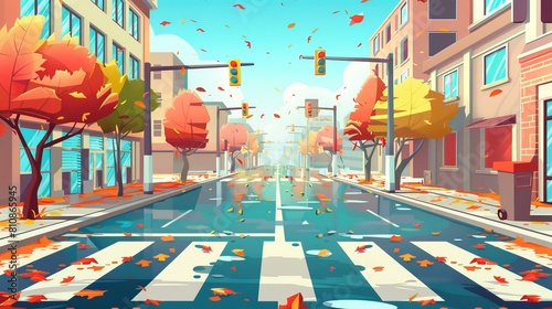 Urban architecture, infrastructure, megapolis with trees, puddles, fallen leaves, empty intersection with zebra crossing in autumn. Cartoon modern illustration.