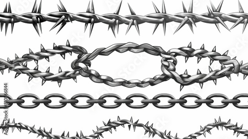 The metal barbwires are twisted with barbs on a white background. This in-depth realistic seamless frame is suitable for prison fences, security lines, military boundary lines, etc.