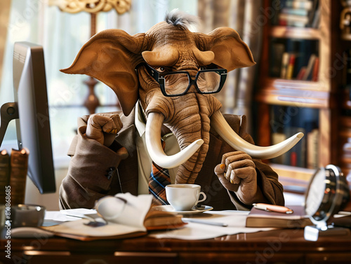 An elephant in a suit and glasses works at a computer. Artificial intelligence. 