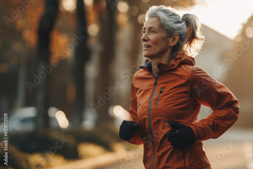 Woman in Orange Jacket Running Down Street. Generative AI
