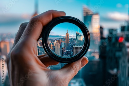 A hand holding a camera lens that is looking at a city. The city is New York and the lens is a viewfinder