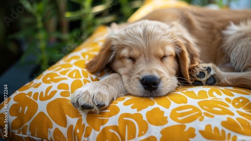Golden retriever puppy sleeping on a yellow and white pillow.