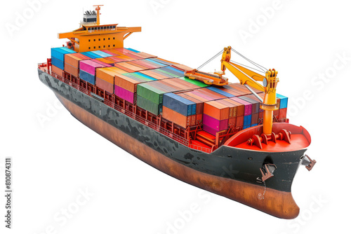 Large cargo ship transporting containers isolated on transparent background. Freight shipping and logistics industry.