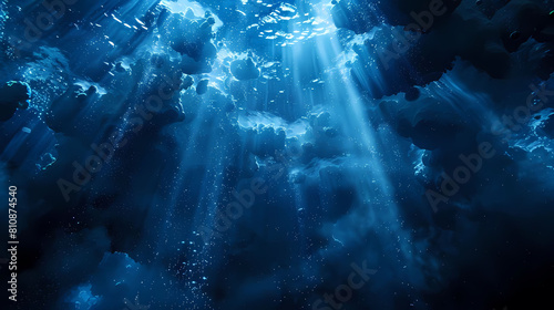 mystical submersible illumination illuminates a dark underwater world, with a rocky shoreline and a distant mountain range visible in the background