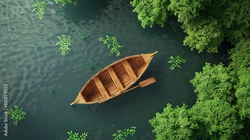 Skiff with paddle on lake top, wooden boat