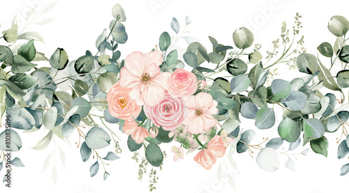 Eucalyptus and blush pink flowers seamless border. Watercolor greenery on transparent background
