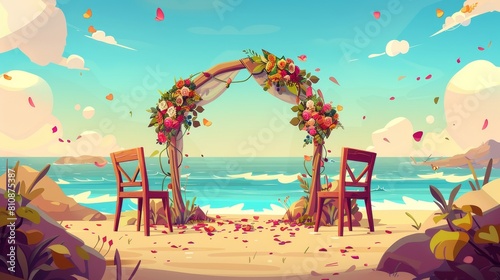 Decorative beach wedding arch and chairs on sandy shore with flowers. Gate for wedding, matrimonial ceremony. Cartoon modern illustration of an archway and chairs.