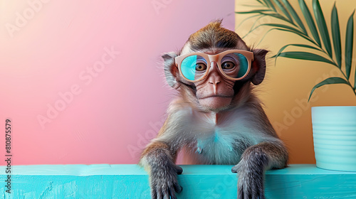 illustration of monkey wearing goggles or glasses on pastel background , with space for text 