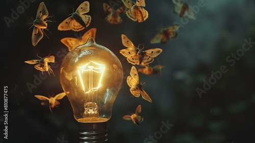 light bulb glowing with moths flying around it, dark blurred background, copy space