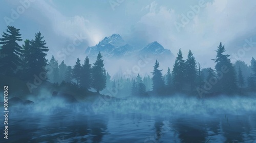 Mountainous landscape with a hazy mist