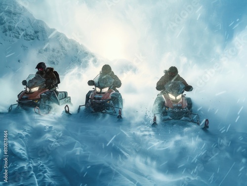 Three snowmobiles are riding through a snowstorm. The riders are wearing black and red. The snow is falling and the sky is cloudy