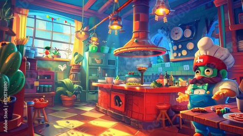 An interior shot of a cozy cafe with a chef on a pizza poster
