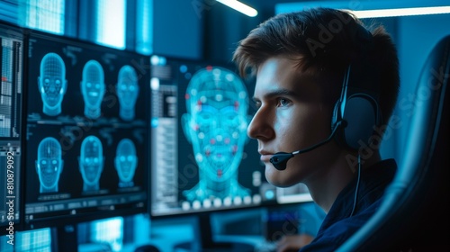 Young malevolent hacker wearing headset multiple screens deepfake cyber security program detected mapping person's face