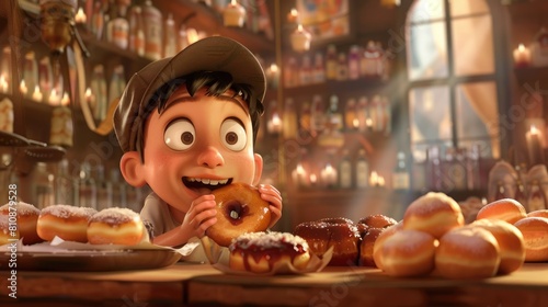 During Hanukkah a delightful Jewish boy sporting a kippah indulges in a jam filled donut