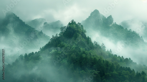 Foggy mountains landscape Smoky rocky panorama with mountain and trees forest , scenery illustration art 