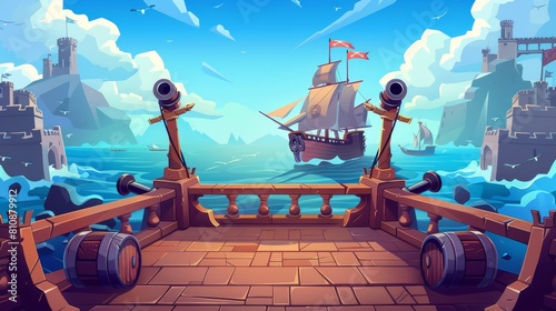 Cartoon modern illustration of the deck of a pirate ship with a jolly roger flag on a seascape background, illustrating a 2D adventure scene, brigantine boat with cannons, buccaneer frigate with a
