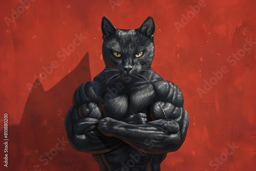 humorous portrait of a muscular black cat bodybuilder with arms crossed standing confidently against a red background digital illustration