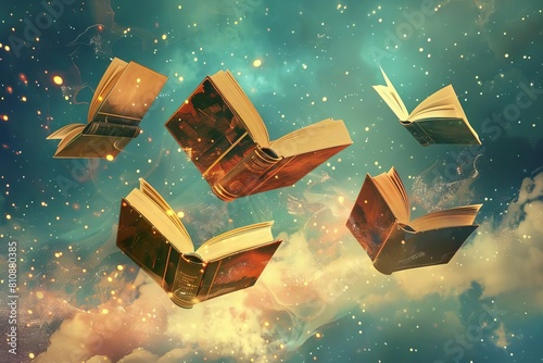 magical flying books illustration whimsical ai generated artwork