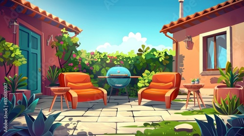 Patio background with parallax effects, village cottage house courtyard, outdoor area with a comfortable soft armchair, sofa, barbecue machine, and wood separated layers. Modern illustration for 2D
