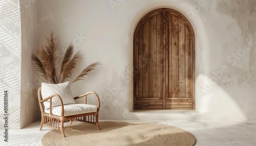 The room is adorned with an arched door and an armchair, adding a touch of rustic charm to the modern setting